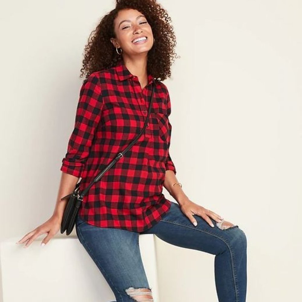 Maternity Plaid Flannel Popover Shirt Red Buffalo​